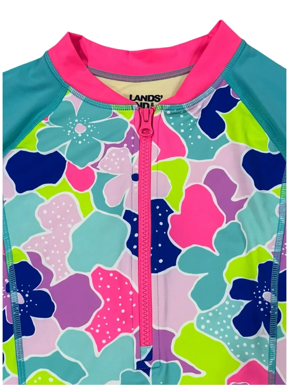 Lands' End 16Y Teal & Pink Floral Long-Sleeve Rash Guard Swimsuit